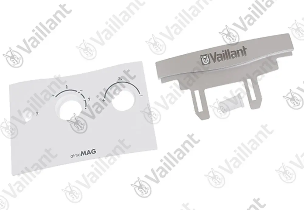 Zwei Vaillant Komponententeile, eine weiße Abdeckung mit Öffnungen und ein graues Element mit dem Vaillant-Logo, zur Verwendung in einem Heizungs- oder Klimagerät.